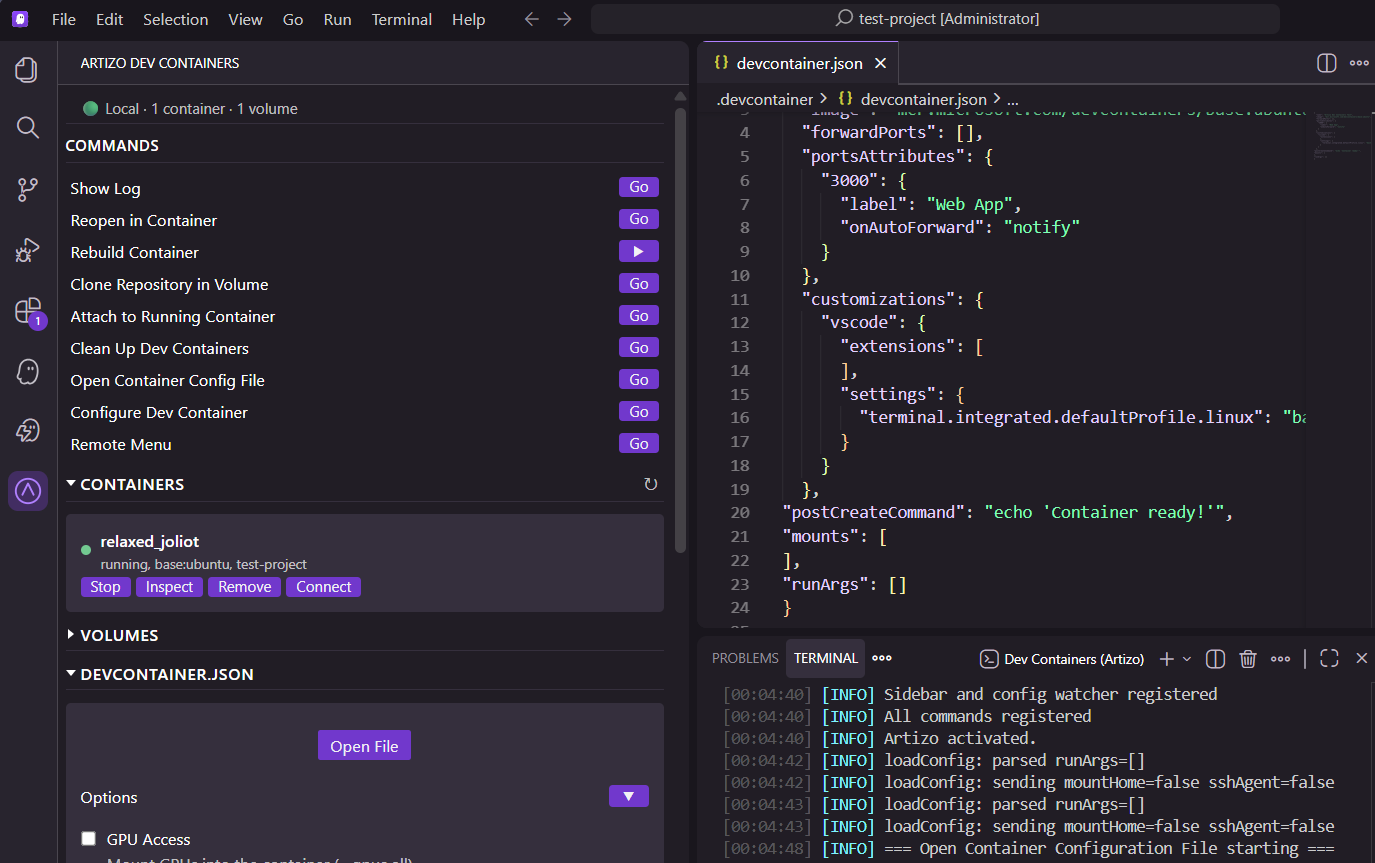 Artizo Dev Containers screenshot